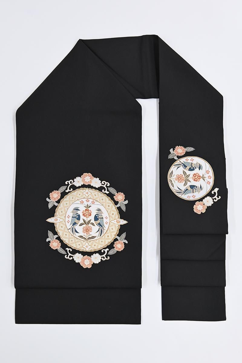 銀座【H-0911】塩瀬地 染名古屋帯 黒色 双鳥鏡裏文 - 銀座きもの青木