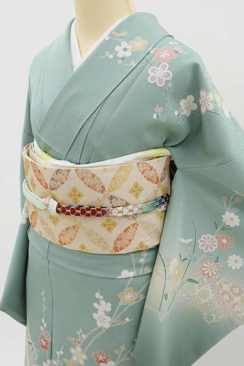 銀座【B-4372】訪問着 千草色 四季花に地紙文 :身丈154.5/裄65.5