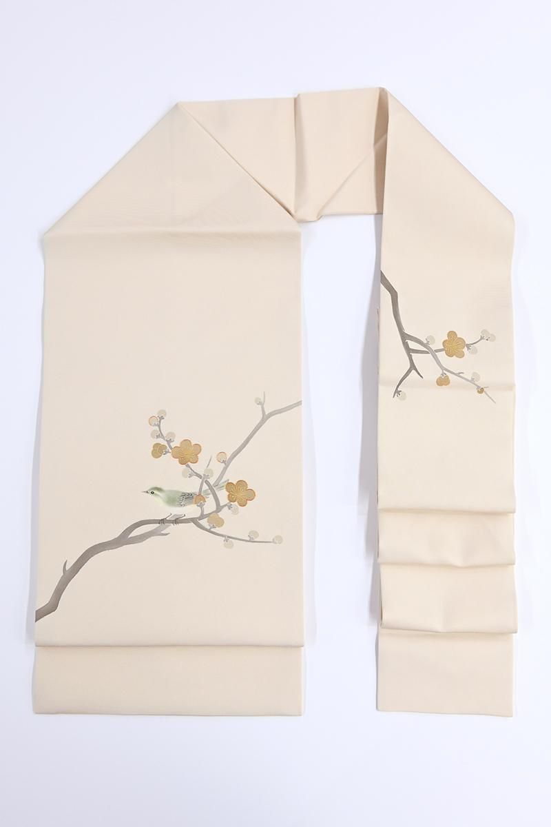 銀座【H-0896】塩瀬地 染名古屋帯 生成色 梅に鶯の図 - 銀座きもの青木