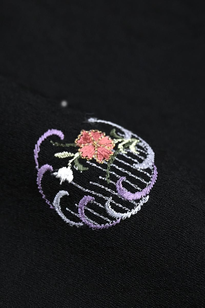 銀座【E-2391】刺繍 道行コート 黒色 雪輪に兎や花文:身丈98/裄66.5