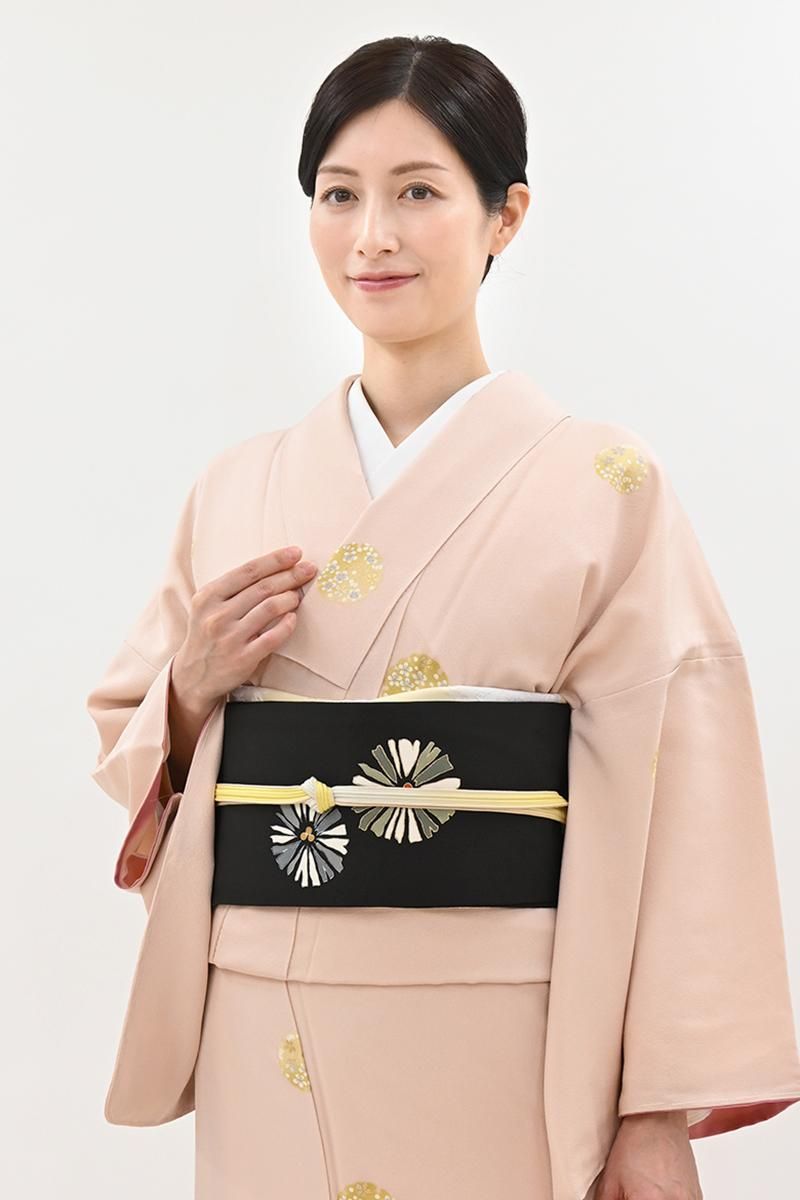 銀座【H-0899】塩瀬地 染名古屋帯 黒色 松葉文 - 銀座きもの青木｜長く