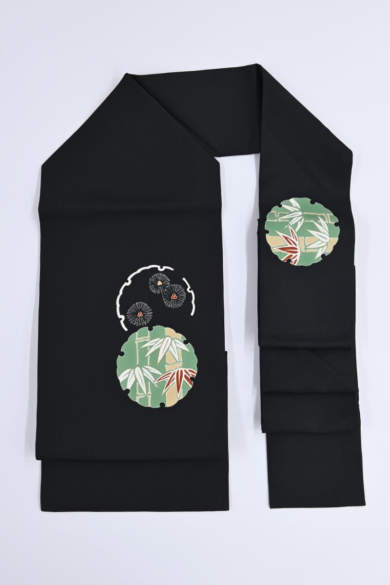 銀座【H-0892】塩瀬地 染名古屋帯 黒色 雪輪に竹や松の図（松屋扱い