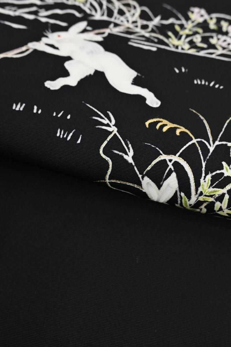 銀座【H-0935】塩瀬地 染名古屋帯 黒色 鳥獣戯画図 - 銀座きもの青木