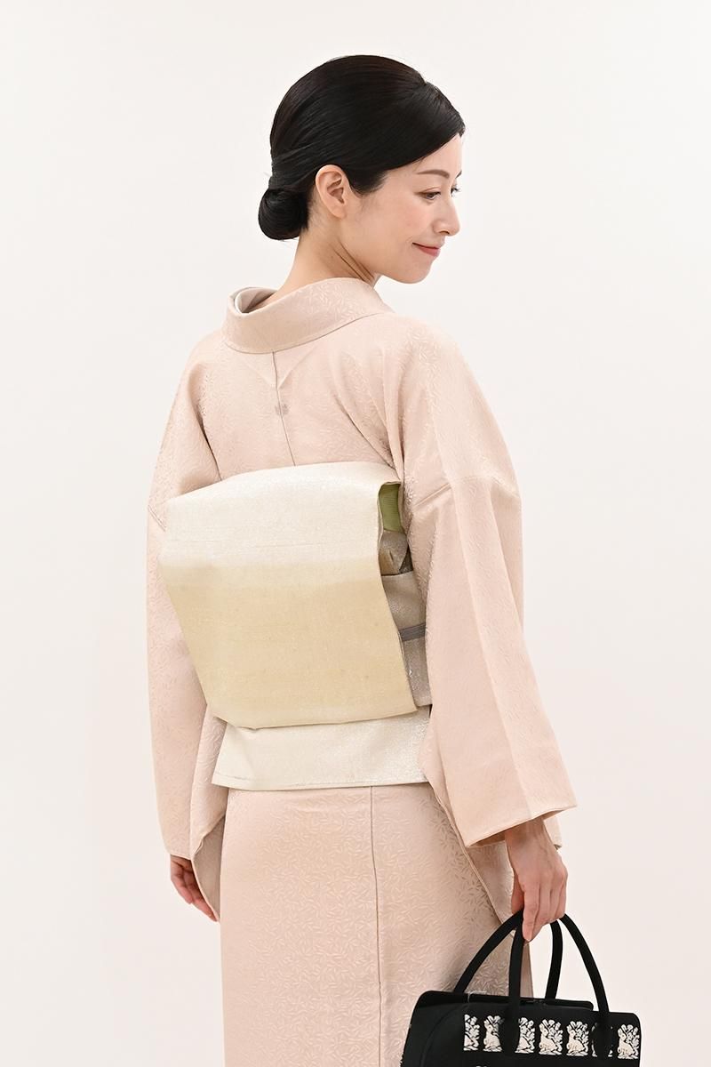 銀座【L-8651】桝屋高尾製 ねん金綴錦 袋帯 金色 段霞文（落款入