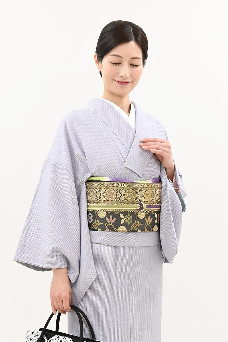 銀座【L-8649】西陣 陰山織物製 箔屋清兵衛 袋帯 藍墨茶色 笹蔓文など