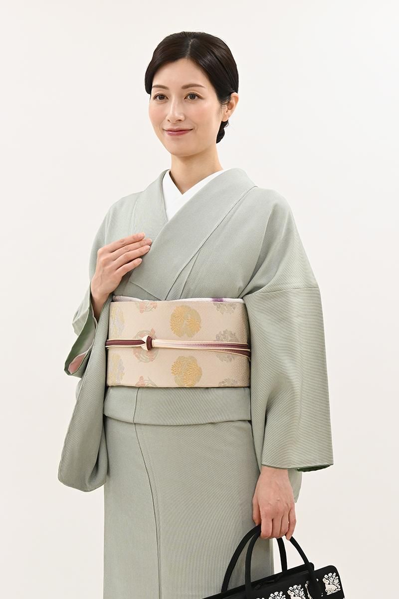 銀座【L-8650】西陣 陰山織物製 箔屋清兵衛 袋帯 亜麻色 四季花の丸