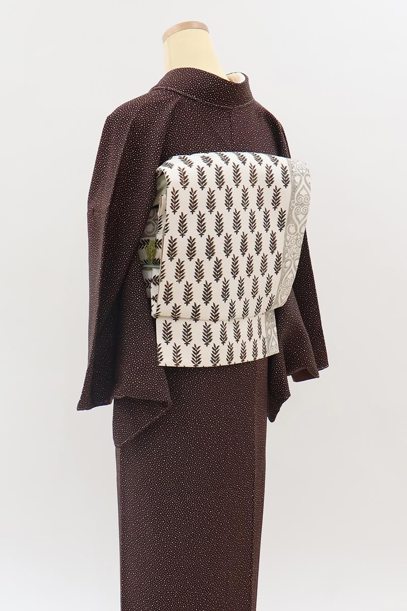 銀座【L-8667】貴久樹製 紬地 洒落袋帯 白練色 更紗文（反端付