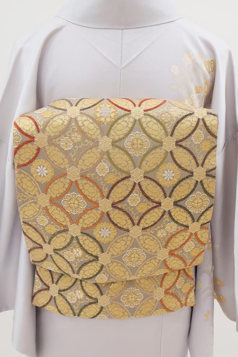 銀座【L-8670】帯匠誉田屋製 袋帯 枯野色 七宝花文 - 銀座きもの青木