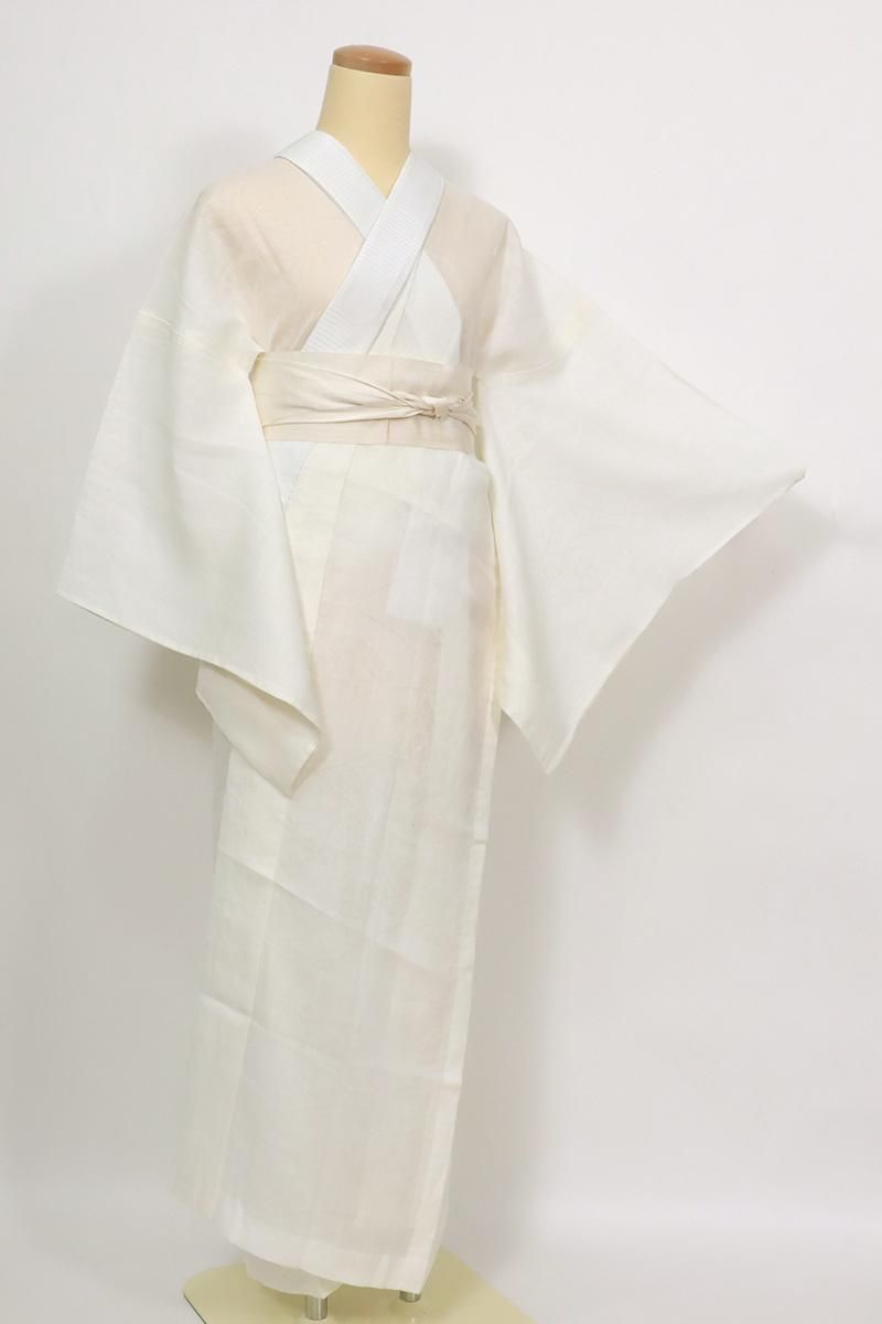 銀座【F-634】本場小千谷縮 長襦袢 生成り色 秋草の地紋（反端付