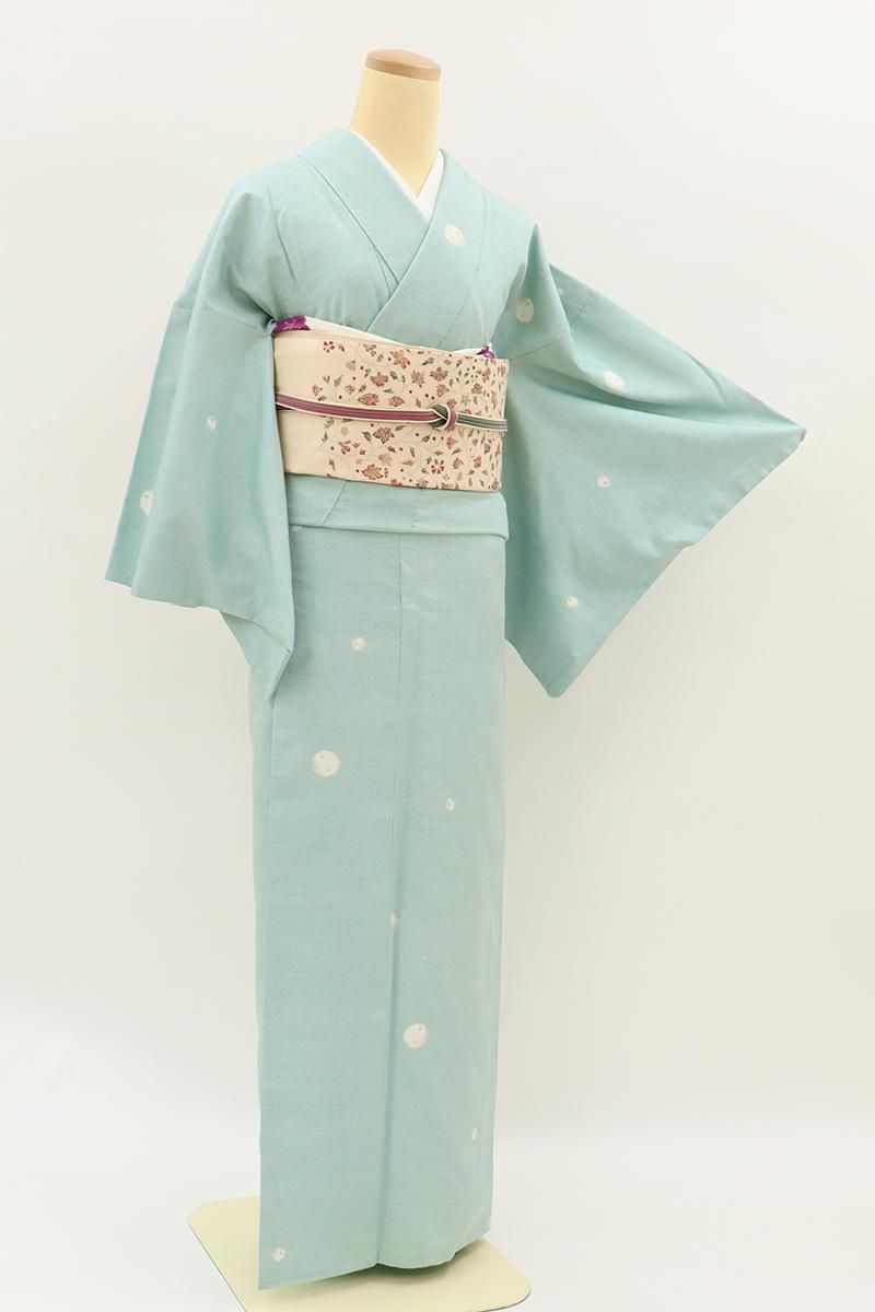 銀座【A-4030】小千谷紬 淡い水浅葱色 丸文（松屋扱い） :身丈162/裄