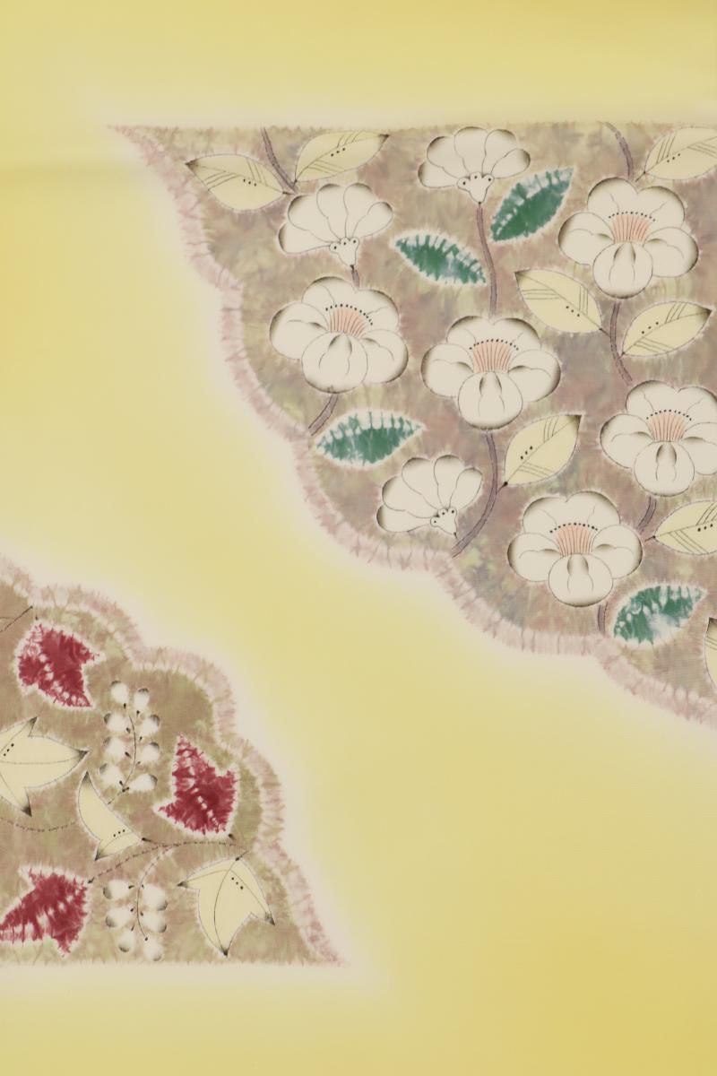 銀座【H-0013】森健持作 染名古屋帯 淡黄色 辻が花文（落款入） - 銀座