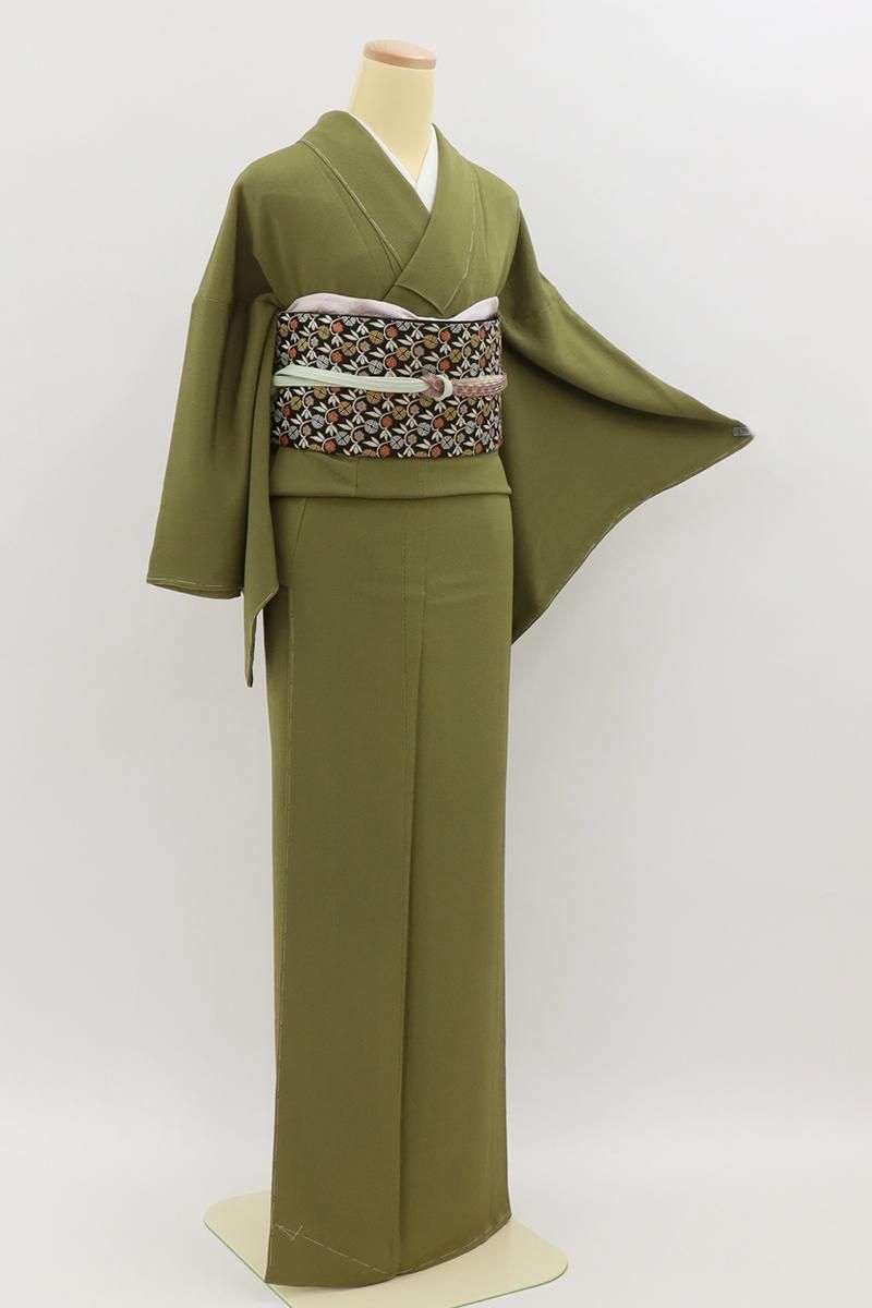 銀座【C-2962】縮緬地 繍一ッ紋 色無地 緑色系 :身丈164/裄66 - 銀座