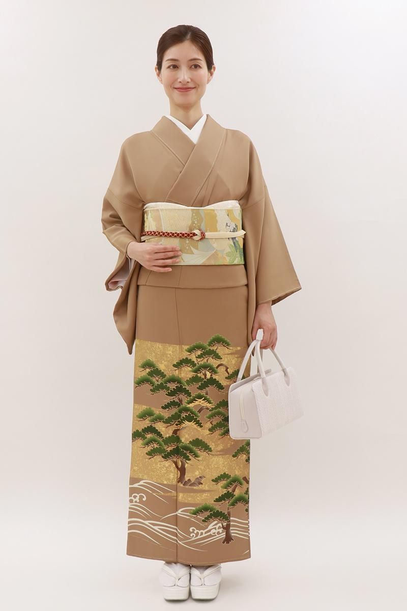 銀座【B-3880】染一ッ紋 色留袖 茶色系 波に松の図（反端付） :身丈158