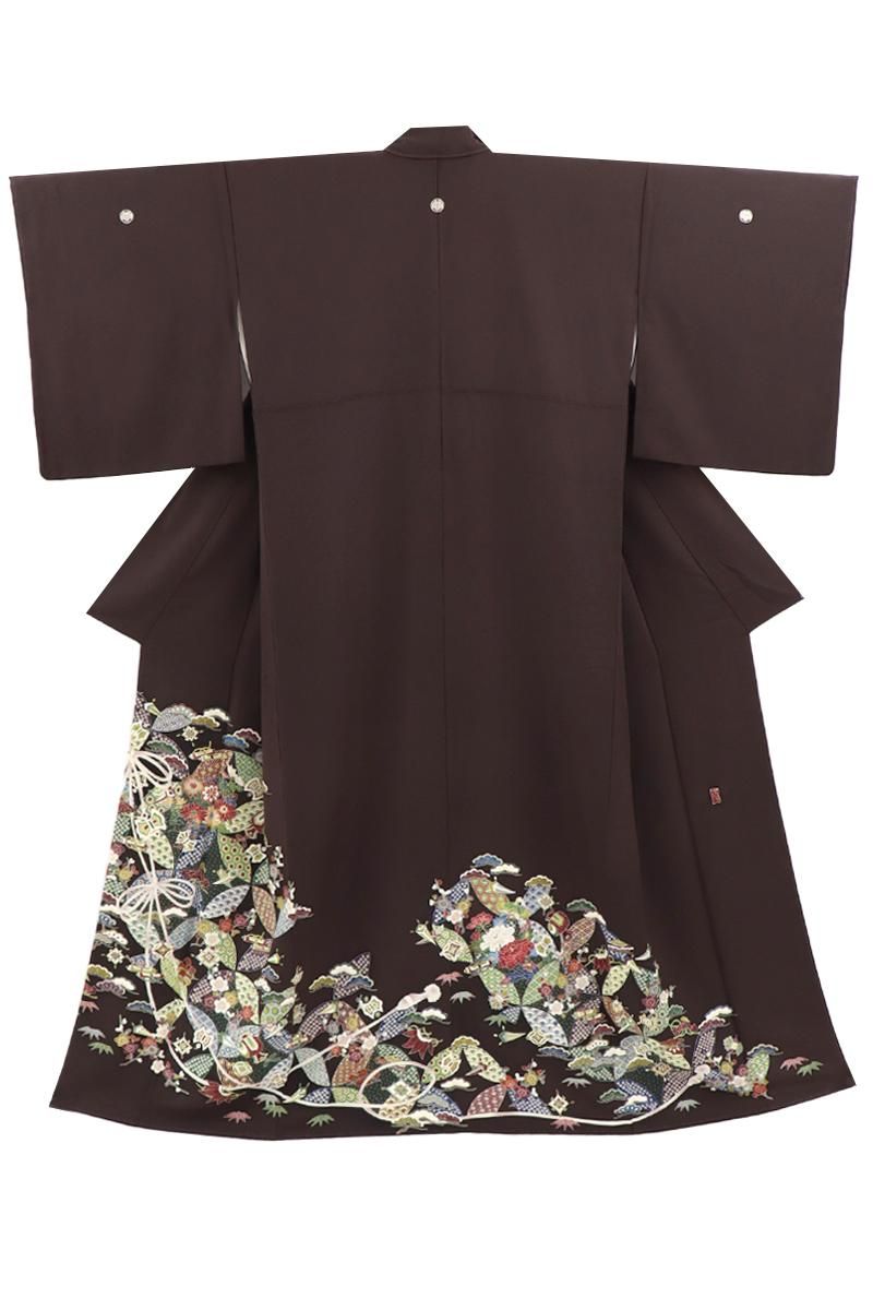 銀座【B-3906】染三ッ紋 色留袖 茶色系 四季花に吉祥文（落款入