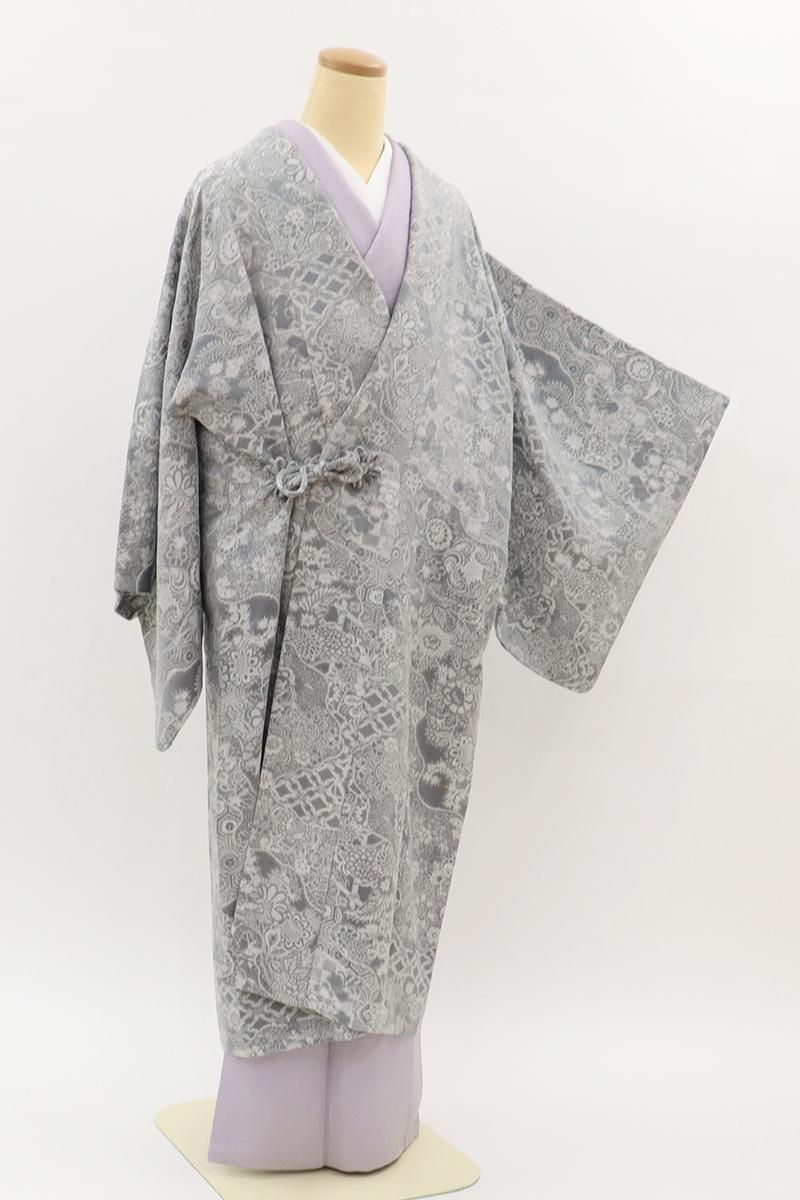 銀座【E-2156】道中着 グレー系 道長取りに唐花文 :身丈113/裄67.5