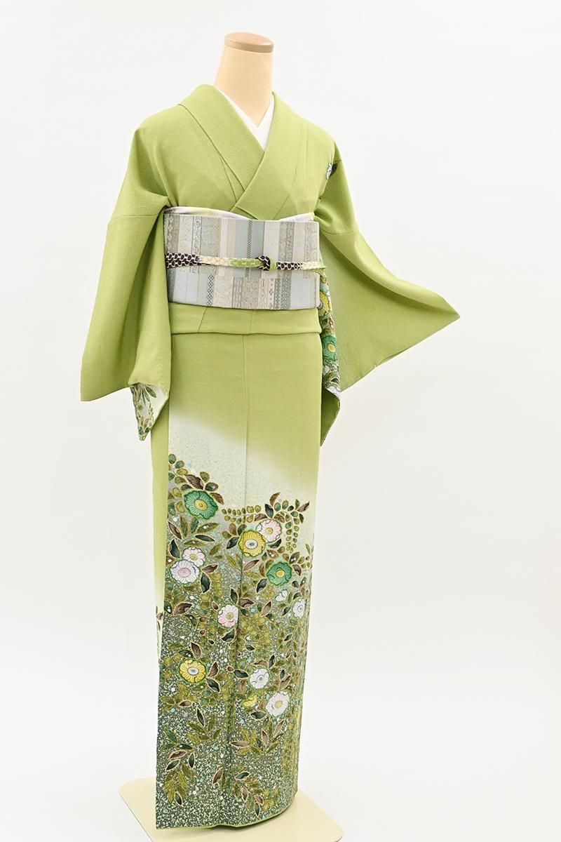 銀座【B-4428】訪問着 柳色 辻が花文（落款入） :身丈160/裄66 - 銀座