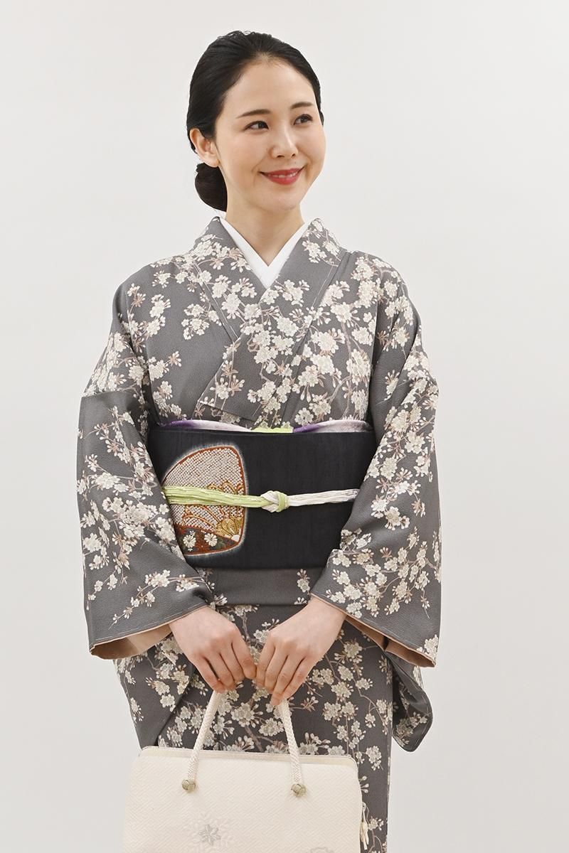 銀座【L-8701】紬地 刺繍 袋帯 紺鼠色 貝合わせ文 - 銀座きもの青木