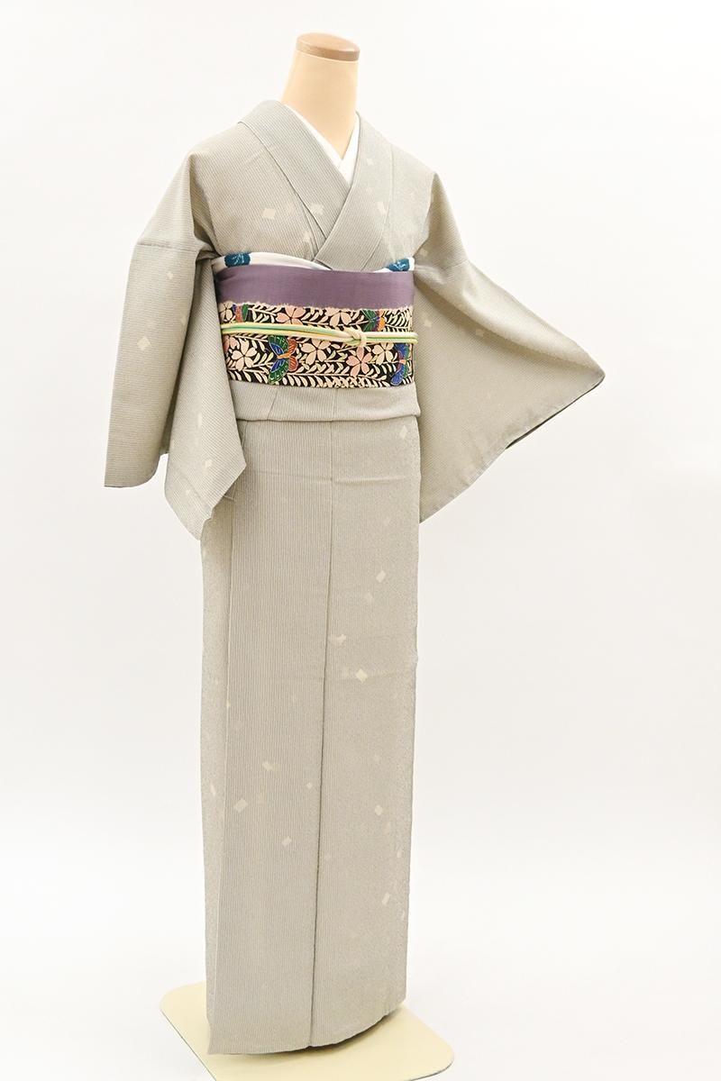 銀座【A-4213】本塩沢 麹色 竪縞に切箔散らし文:身丈161.5/裄65 - 銀座