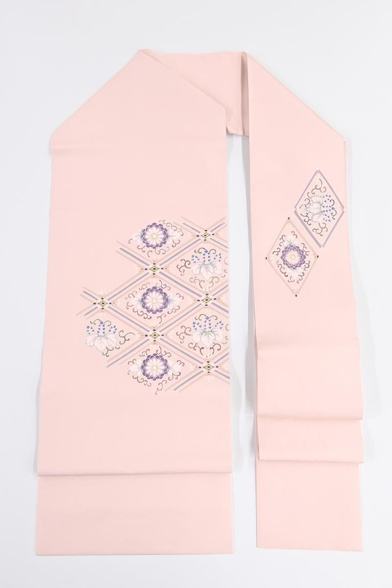 銀座【H-0978】塩瀬地 染名古屋帯 乙女色 菱に菊唐草や桐唐草文 - 銀座