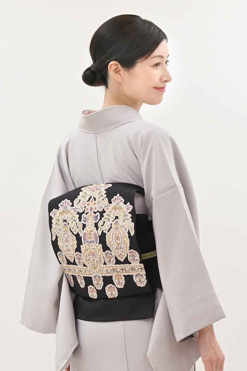 銀座【H-0976】岡重製 塩瀬地 染名古屋帯 黒色 装飾更紗文 - 銀座