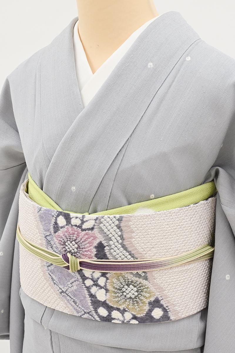 銀座【D-4025】紬地 絞り染め 小紋 白銅色 抽象文 :身丈158/裄66