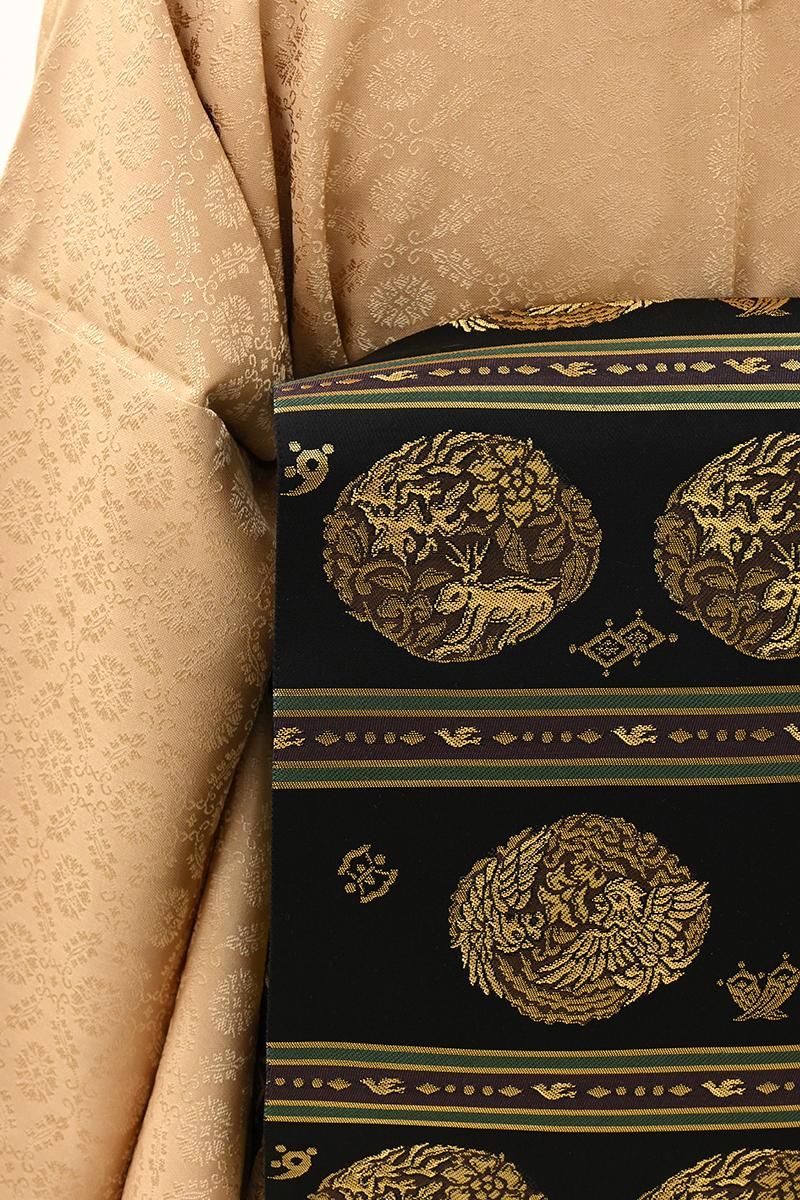 あおき【L-8753】西陣製 伝統工芸士 小笹宏風 袋帯 黒色 横段に鳳凰