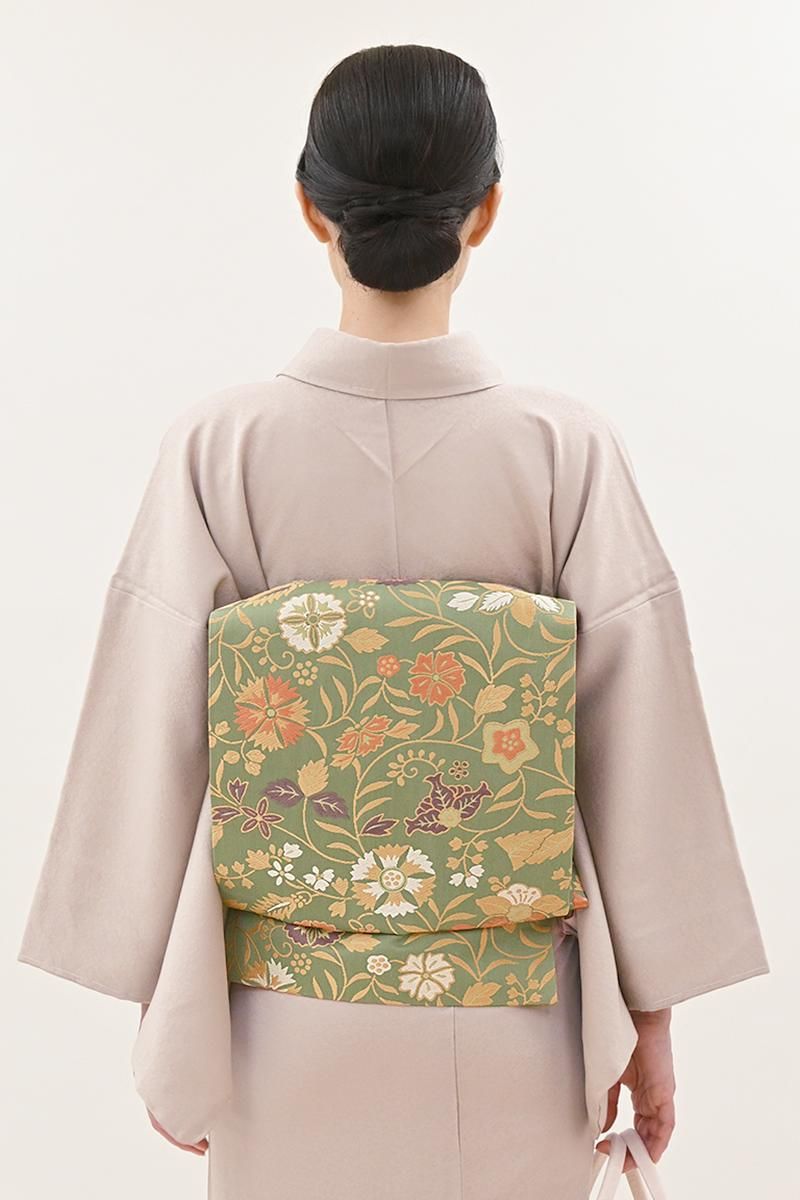 あおき【L-8748】人間国宝 喜多川俵二作 袋帯 青丹色 花唐草文 - 銀座