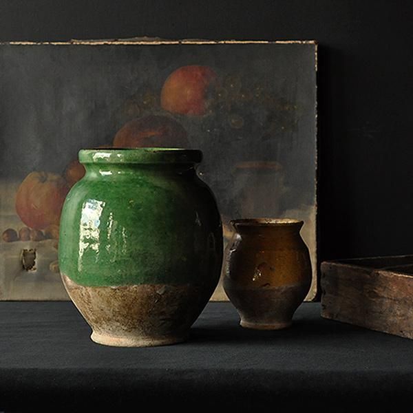 アンティークコンフィポット 緑釉/フランスアンティーク雑貨 花器