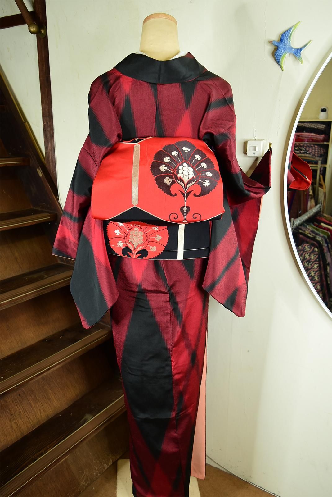 赤黒バイカラーのアーガイルチェックモダンな正絹御召アンティーク袷