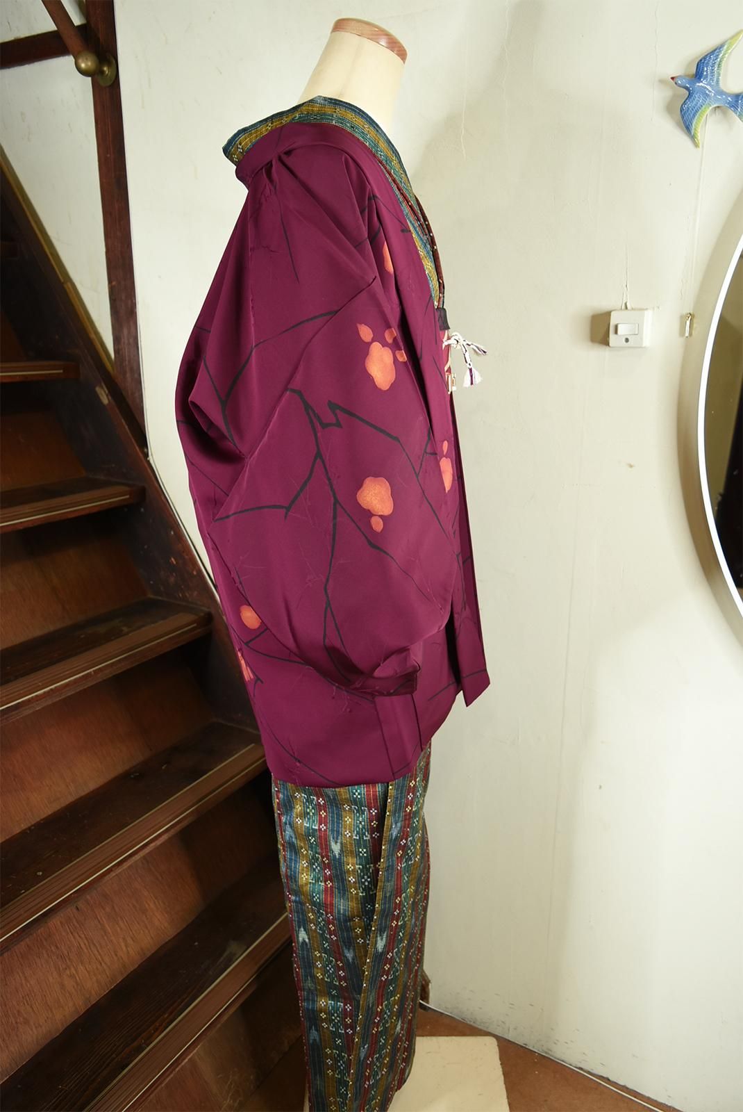 紅葡萄色に梅の花枝美しい大正ロマン正絹羽織 - アンティーク着物