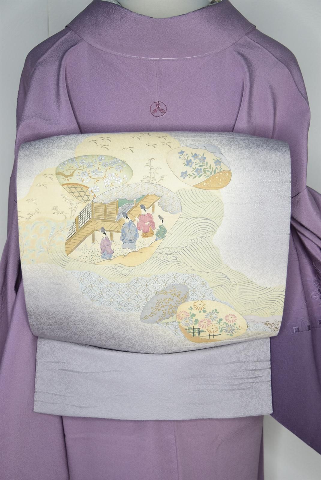 平安絵巻貝合わせの染め文様美しい洒落袋帯 - アンティーク着物