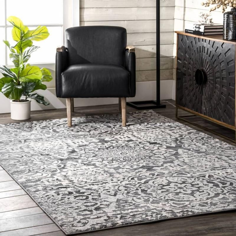 ゴシック調 エレガント ロゼットデザインラグ グレー おしゃれな 花柄