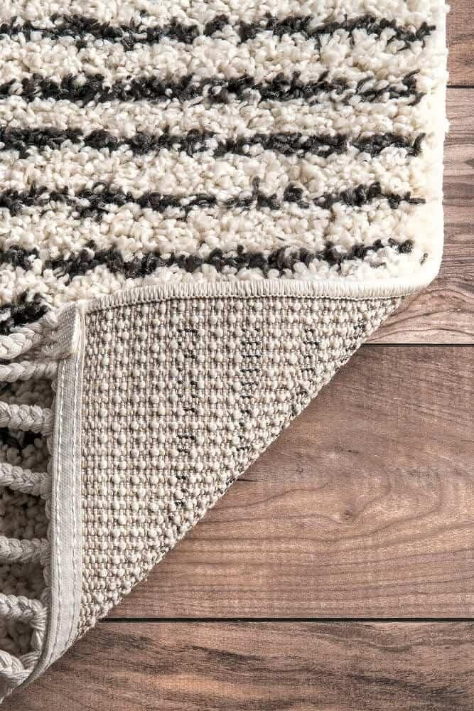 ストライプ ダイヤ柄 モロッカン フリンジ シャギーラグ アイボリー