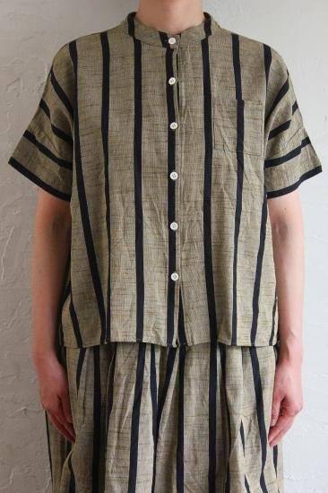 ヤンマ産業会津木綿スタンドカラーシャツ+5㎝丈 ともえ縞 - 庭音tei-ne
