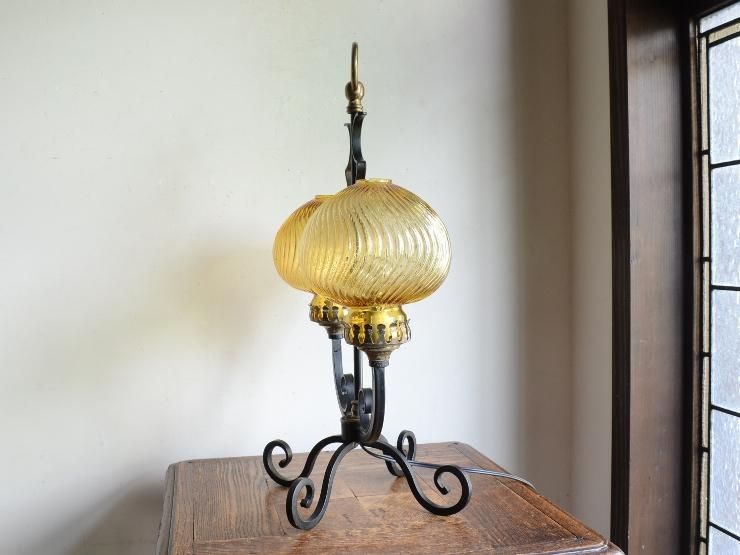 ガラスシェード付 2灯アイアン スタンドランプ｜アンティーク照明