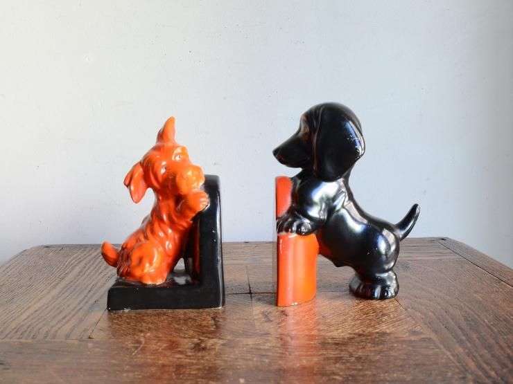 アンティーク 犬モチーフ 陶器ブックエンド (H13cm)｜アンティーク雑貨