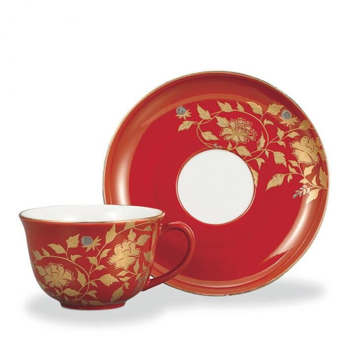 コーヒーカップ＆ソーサー 金襴手 赤 / 大志窯 化粧箱入り - 和食器の