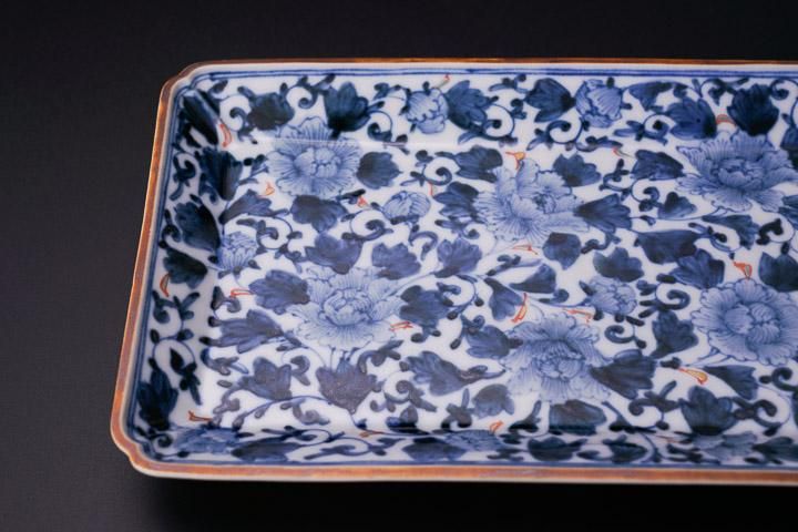 宮内庁御用窯】長角皿揃 色絵牡丹唐草/山本長左 （木箱入り） - 和食器