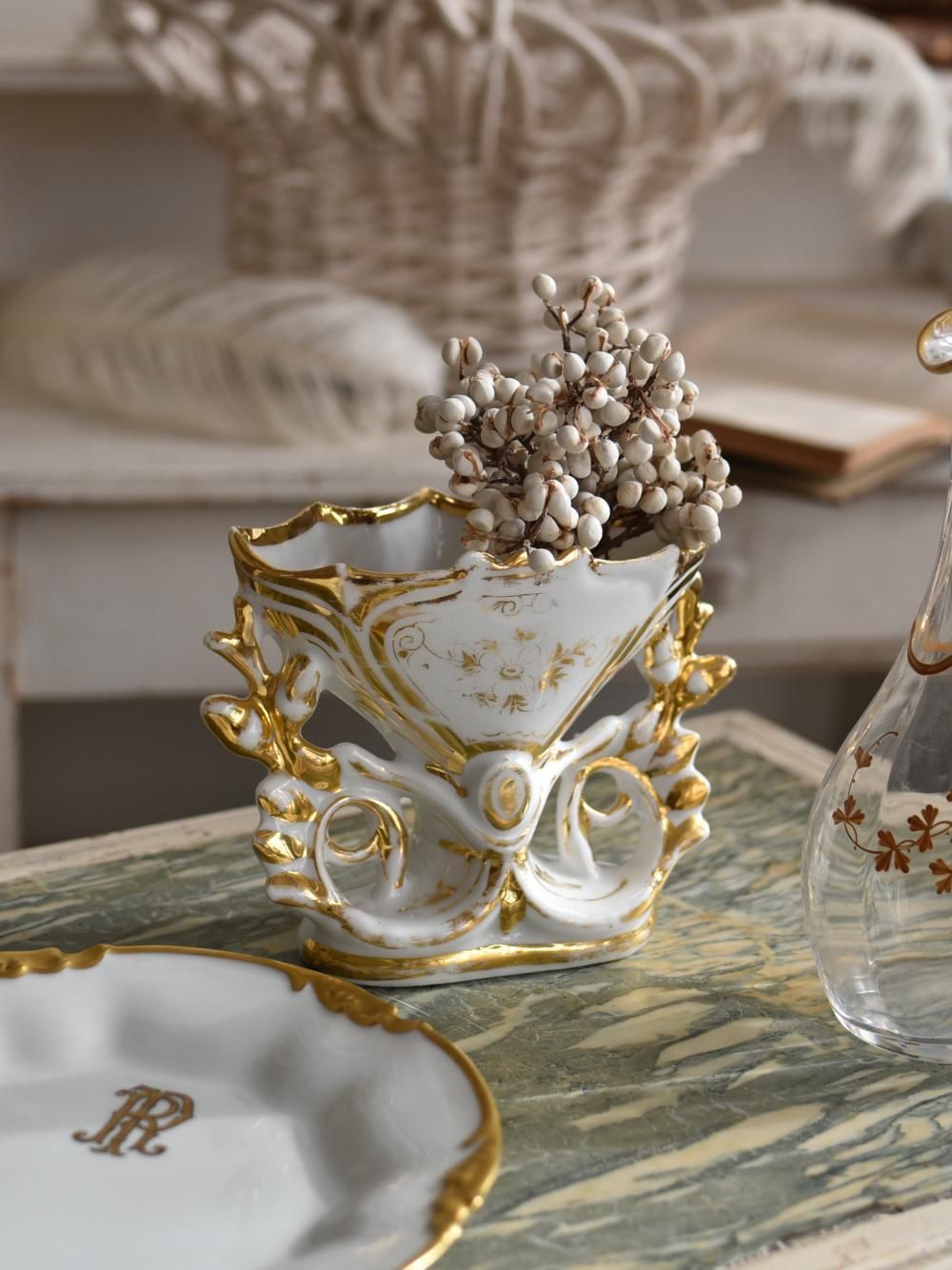 フランスアンティーク花柄フラワーベース 専用木箱付き フランス