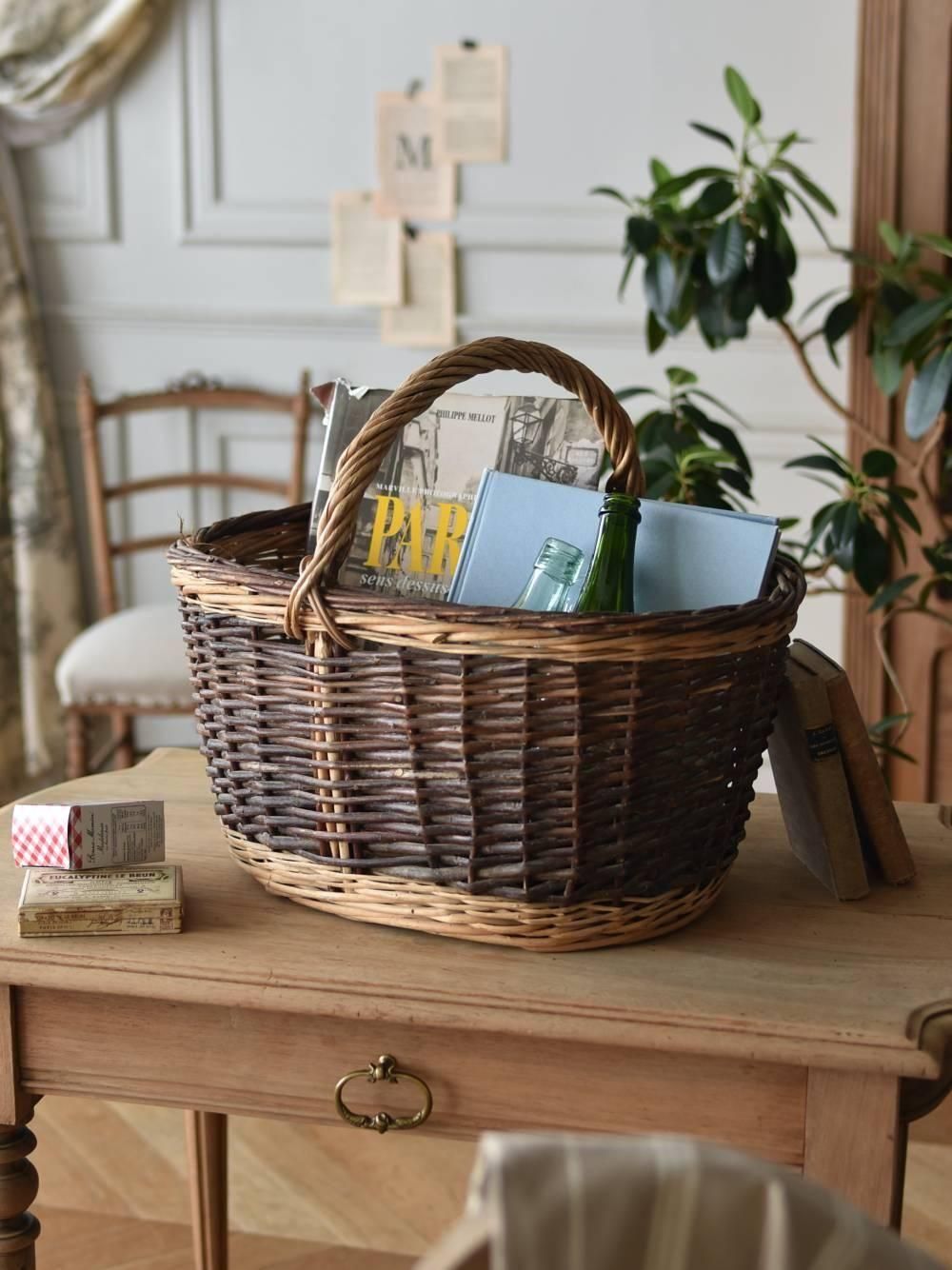 フレンチバスケット.バイカラー フランスヴィンテージ雑貨 籐籠 ラタン