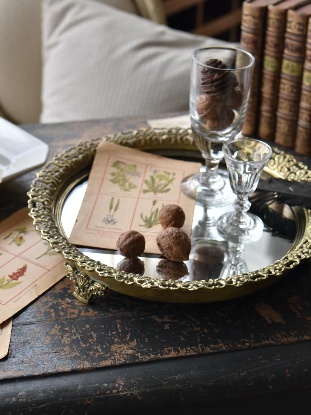 アンティークミラートレイ.ラウンド 真鍮雑貨 mirror スタンドトレイ