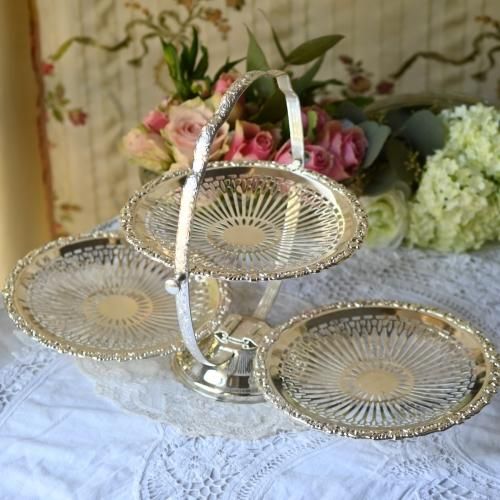 シルバープレート製 折りたたみ式3段アフタヌーンティースタンド