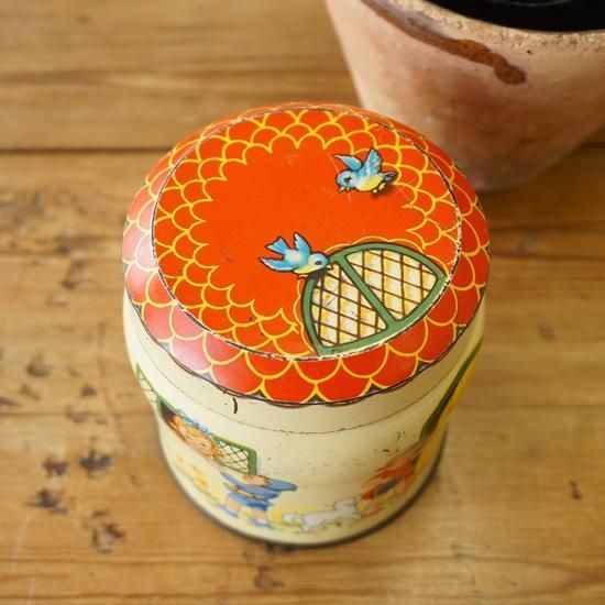 イギリス ヴィンテージ ブリキ缶 THORNS トフィー缶 子供柄 円筒形