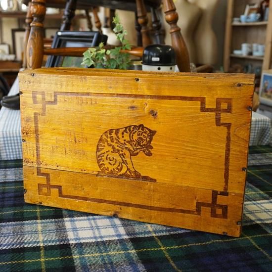 フランス アンティーク ネコの木箱 AMIDON AU CHAT 蓋裏ラベル 希少