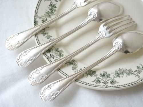 月桂樹のシルバーディナーフォーク&スプーンセット - アンティーク食器
