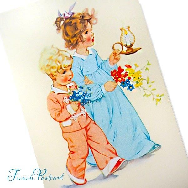 フランス ポストカード キャンドル 女の子 男の子 花束