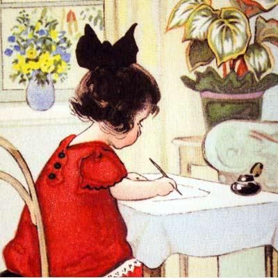 フランスポストカード 手紙 女の子 お人形 小鳥（Une letter A）