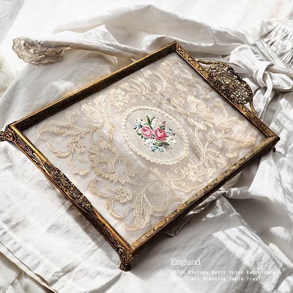 送料無料】イギリスアンティーク プチポワン ドレッシングトレイ バラ
