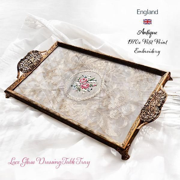 送料無料】イギリスアンティーク プチポワン ドレッシングトレイ バラ