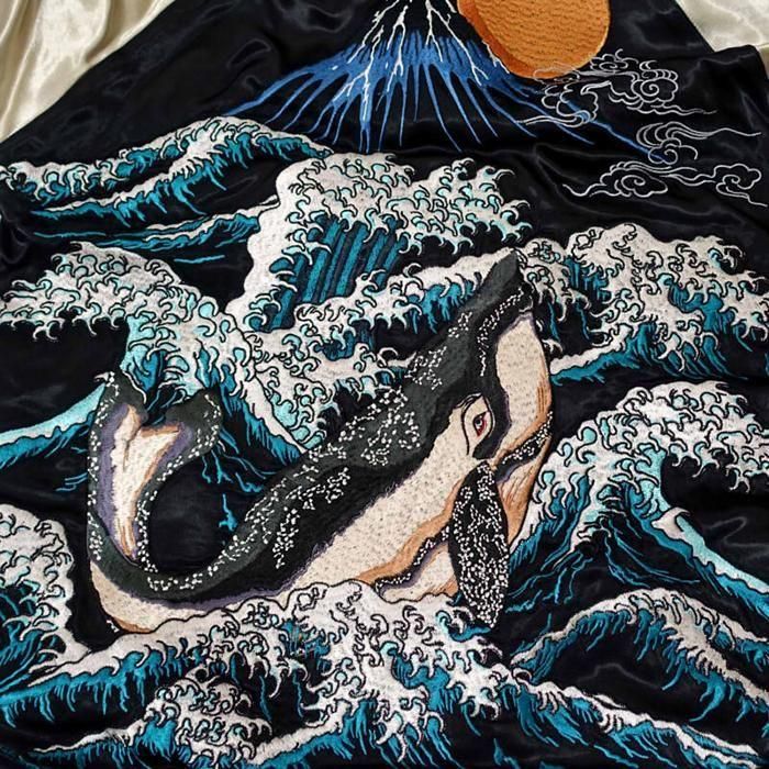 花旅楽団 波と鯨 刺繍 スカジャン